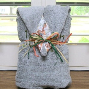 Woodland Animals Ribbon On A Monogrammed Gray Child&#39;s Hooded Towel//Gifts:Birthday, Christmas,Baby Shower, Beach Pool Towel, Unique