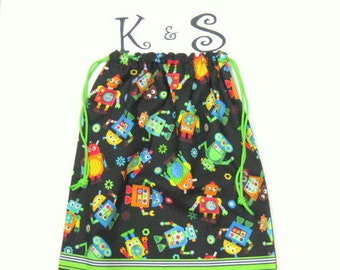 Child's Drawstring Bag/Colorful Robots/Boy Toy Bag/Personalized Above Ribbon/Birthday Gift,Child'sToyBag,BookBag,Car,Travel Bag,ChildGiftBag