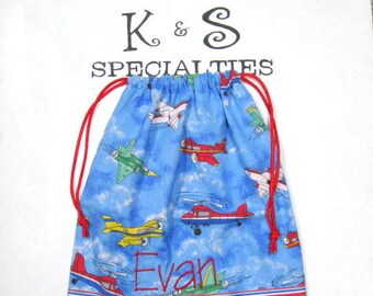 Airplanes Of All Kinds and Colors, Drawstring Bag For Your Favorite Child/Blue Fabric/Monogrammed Above  Ribbon/Perfect Gift Anytime/Unique