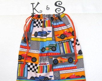 Race Car Theme With Bright Colors Loved By Children/ Personalized Drawstring Bag Holds Children's Treasures-A Great Anytime Unique Gift Idea