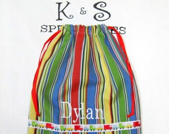 Personalized Drawstring Bag With Bright Colored Stripes-An Adorable Gift for a Little Boy's Treasures
