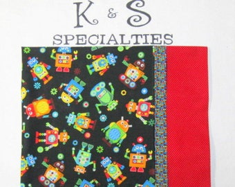 Robots Pillowcase, Boy Pillowcase, Red, Green, Orange, Blue, Yellow, On a Black Background/ Monogrammed On A Red Cuff/Perfect Anytime Gift