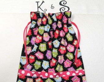 Child's Drawstring Bag Made With Colorful Pink Blue Green Violet Owls/HotPink Dot Ribbon/Unique GiftPerfect For A Girly Girl/Fun Unique Gift