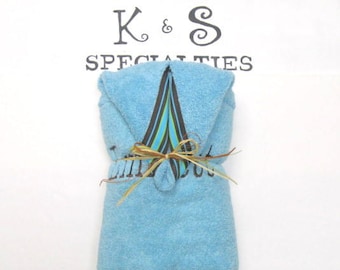 Turquoise Personalized Hooded Towel Accented With Handsome Brown & Turquoise Ribbon/Monogrammed/Classy Preppy Gift For A Favorite Guy