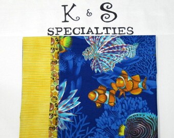 Pillowcase-Brightly Colored Tropical Fish Swimming In Ocean Of Royal Blue Water/Yellow Swirls With Yellow Stripe Cuff/Ideal Boy Girl Gift