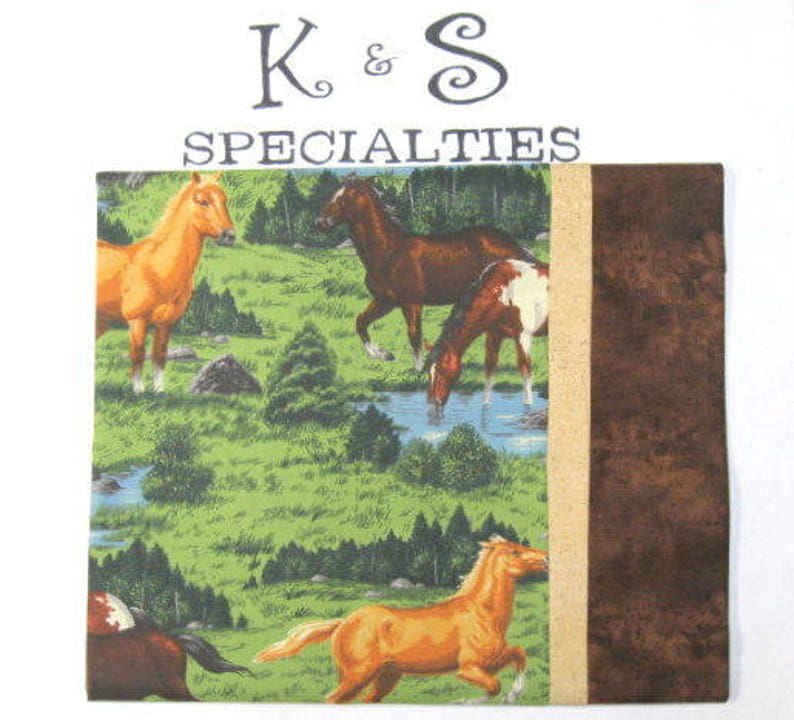 Pillowcase With Horses In A Green PastureMonogrammed On A Brown CuffGift:Birthday,Sleep Overs,Christmas BoyGirl Gift AirCar Trips