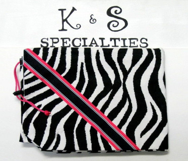 Zebra Fabric Laundry Bag Accented With Pink & Black Stripe Ribbon/ Monogram/Gifts:Graduation,Travel,College Life,Bridal Party,Summer Camp image 1