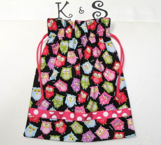 Child's Drawstring Bag Made With Colorful Pink Blue Green Violet Owls/HotPink Dot Ribbon/Unique 