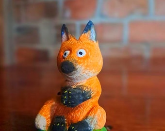 Handgeschnitzte Fuchsfigur aus Holz, rustikale Waldtierminiatur