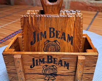 Jim Beam Oak Coasters Set –  Handmade Bourbon Bar Decor