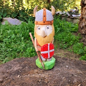 Hand-Carved Wooden Viking Figurine, One of a Kind, Eco-Friendly Paint, Nordic Warrior Decor, Handmade Sculpture