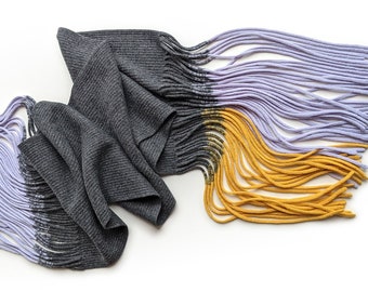 Oversized scarf with extra long fringe, Big large wool scarf, Yellow lilac fringe wide gray scarf