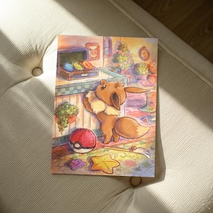 Custom Evee Full Art Poster Print, Exclusive Card Art, 16x20 Wall Decor, Red Blue Nostalgia, Gaming Room Art
