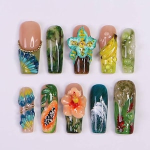 Tropical Paradise Press On Nails – 3D Fruit & Flower Nail Art, Summer Beach Nature Nail Set
