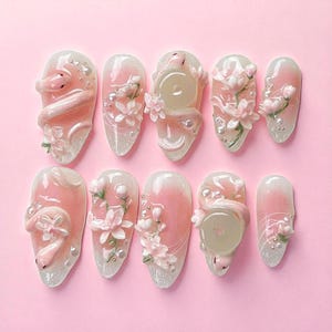 Uñas postizas Sakura 3D: uñas postizas hechas a mano con diseño de flor de cerezo rosa, elegantes puntas florales, uñas reutilizables de primavera para mujeres y niñas.