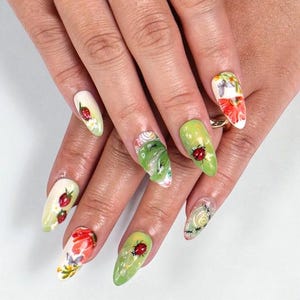 Cottagecore Press On Nails / Hand Painted Strawberry & Ladybug Nails / Whimsical Garden Fake Nails / Custom Spring Nail Art