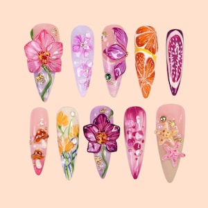 Tropical Paradise Press On Nails – Long Summer Nail Art with 3D Flowers, Fruit, Sea Stars & Nature-Inspired Designs