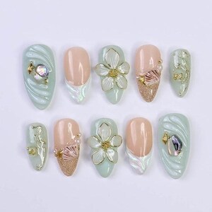 Elegant Mint Green Floral Press On Nails – 3D Pearl Shell Nail Art Set