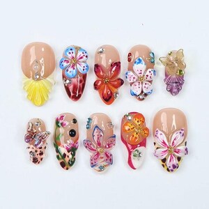 Colorful 3D Flower Press On Nails – Handcrafted Butterfly & Floral Nail Art Set