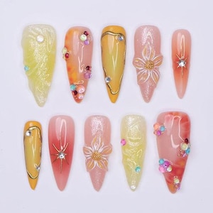Sunset Summer Press On Nails – Long Coffin Gradient Nails with 3D Flowers & Rhinestones, Handmade Vibrant Nail Art Set