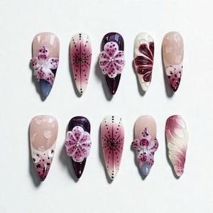 Purple Floral 3D Press On Nails – Handmade Long Almond Nails with Elegant Plum Blossom Art for Special Occasions
