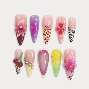 Eclectic Mixed Press On Nails / 3D Floral And Cherry Nail Art / Animal Print & Swirl Fake Nails / Custom Maximalist Nails