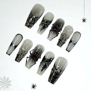 Black and Silver Halloween Nails, Spooky Nails, Black Spider Press On Nails, Black Spider Web Nails, 3D Nails Art, Handpainted False Nails