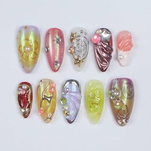 Galaxy Star Press On Nails – Iridescent Pearl Cosmic Nail Set with 3D Design
