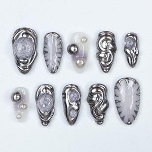 Metallic Chrome Press On Nails – Silver Abstract Pearl Nail Art Set