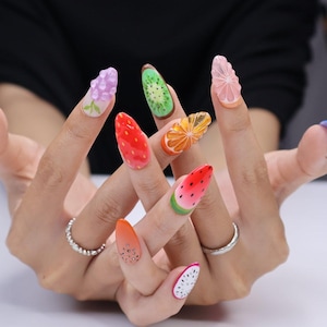 Fruity Press On Nails / 3D Fruit & Berry Nail Art / Hand Painted Summer Fake Nails / Custom Watermelon And Cherry Nails