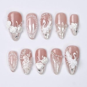 Elegant Swan Wedding Press On Nails – 3D White Roses & Pearls, Bridal Silver Glitter Nail Set