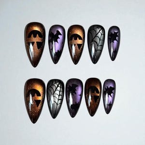 Halloween Press On Nails | Joker, Bat & Spider Theme | Black Cat Eye Base with Pumpkin Orange | Spooky Gothic Sparkling Nail Art