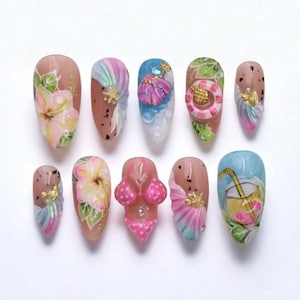 Tropical Beach Press On Nails – 3D Summer Floral & Cocktail Nail Art Set, Handmade Vacation Fake Nails