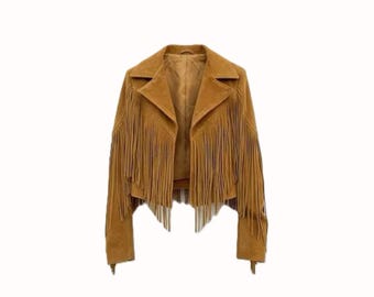 Vintage-Inspired Camel Brown Fringe Suede Jacket - Unique Western Style for Women"