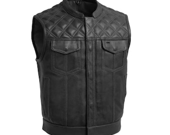 Men's Black Real Cowhide Leather Biker Motorcycle vest