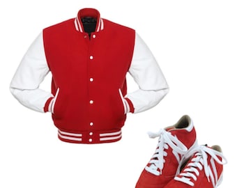 Wool Blend Varsity Jacket: Leather Sleeves, Button Closure