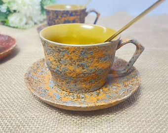 Handmade Ceramic Coffee Cup and Saucer Set: Rustic Kiln Glaze Pottery