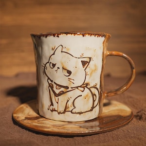 May include: A ceramic mug and saucer set with a hand-drawn cat illustration. The mug is off-white with brown accents and a curved handle. The cat illustration is in brown. The saucer is round and matches the mug's color scheme.