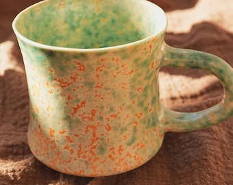 Handmade Speckled Ceramic Mug: Green & Orange Glazed Pottery