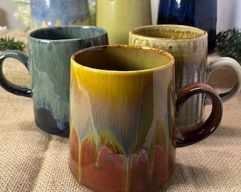 Handmade Drip Glaze Ceramic Mugs, Artisan Coffee/Tea Cups with Unique Color Gradients