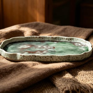 May include: An oval ceramic tray with a textured, light-colored exterior rim and a smooth, glossy interior surface featuring a marbled blend of deep forest green, white, and dark brown tones with an irregular, wavy edge design.