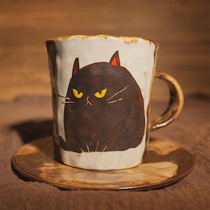 Könnte beinhalten: Ein Keramik-Tassen- und Untertassen-Set. Die Tasse zeigt eine handgemalte schwarze Katze mit gelben Augen und rotspitzigen Ohren. Tasse und Untertasse haben eine rustikale, strukturierte Oberfläche mit einem braunen Henkel und Rand. Die Untertasse ist rund und passt zur Farbpalette der Tasse.
