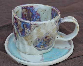 Handmade Ceramic Coffee Mug with Saucer: Abstract Glaze Wabi Sabi Pottery