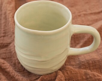 Handmade Celadon Green Ceramic Mug: Wavy Stoneware Coffee Cup