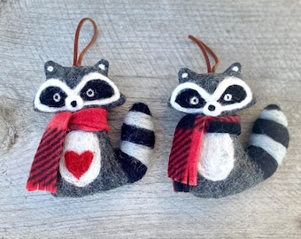 Felt Raccoon Ornament - With Red Scarf and Heart