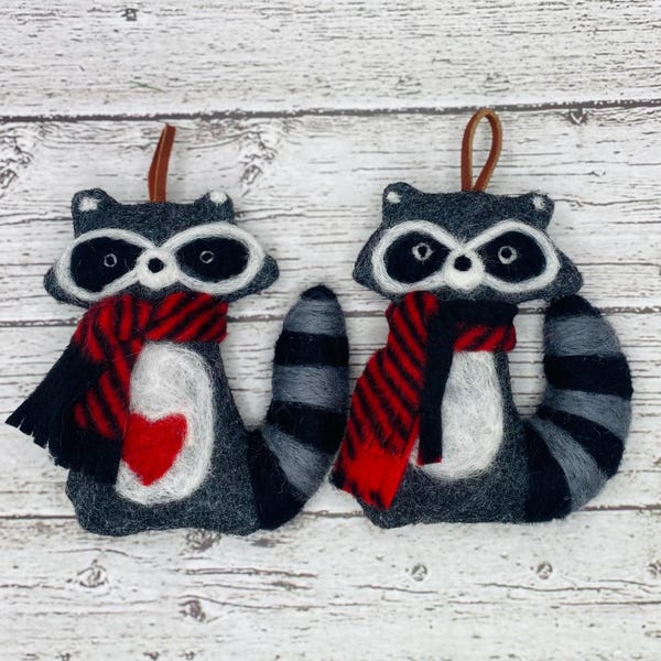 Felt Raccoon Ornament - With Red Scarf