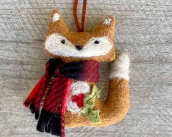 Felt Fox ornament- with Scarf and Holly