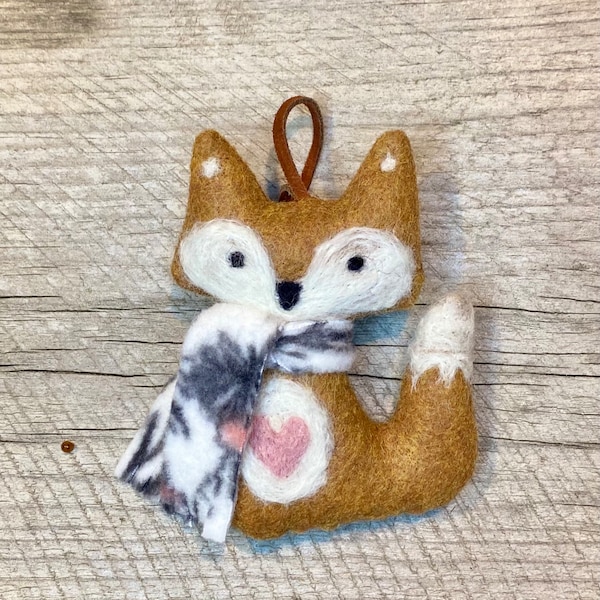 Felt Fox ornament- Cute scarf and pink heart