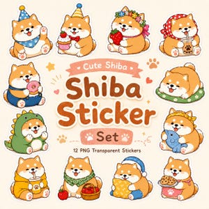 Pode incluir: Um conjunto de autocolantes digitais com 12 ilustrações de cães Shiba Inu em várias roupas e atividades, incluindo chapéus de festa, guloseimas e disfarces. O texto central diz Cute Shiba Sticker Set 12 PNG Transparent Stickers.