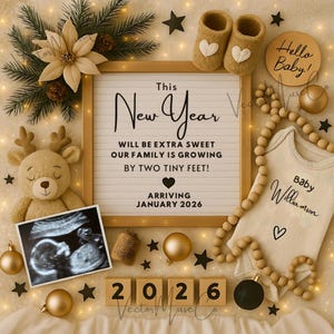 New Year 2026 Digital Pregnancy Announcement, We&#39;re Expecting Baby Reveal, Editable Gender Neutral Template with Ultrasound, NYE Social Med